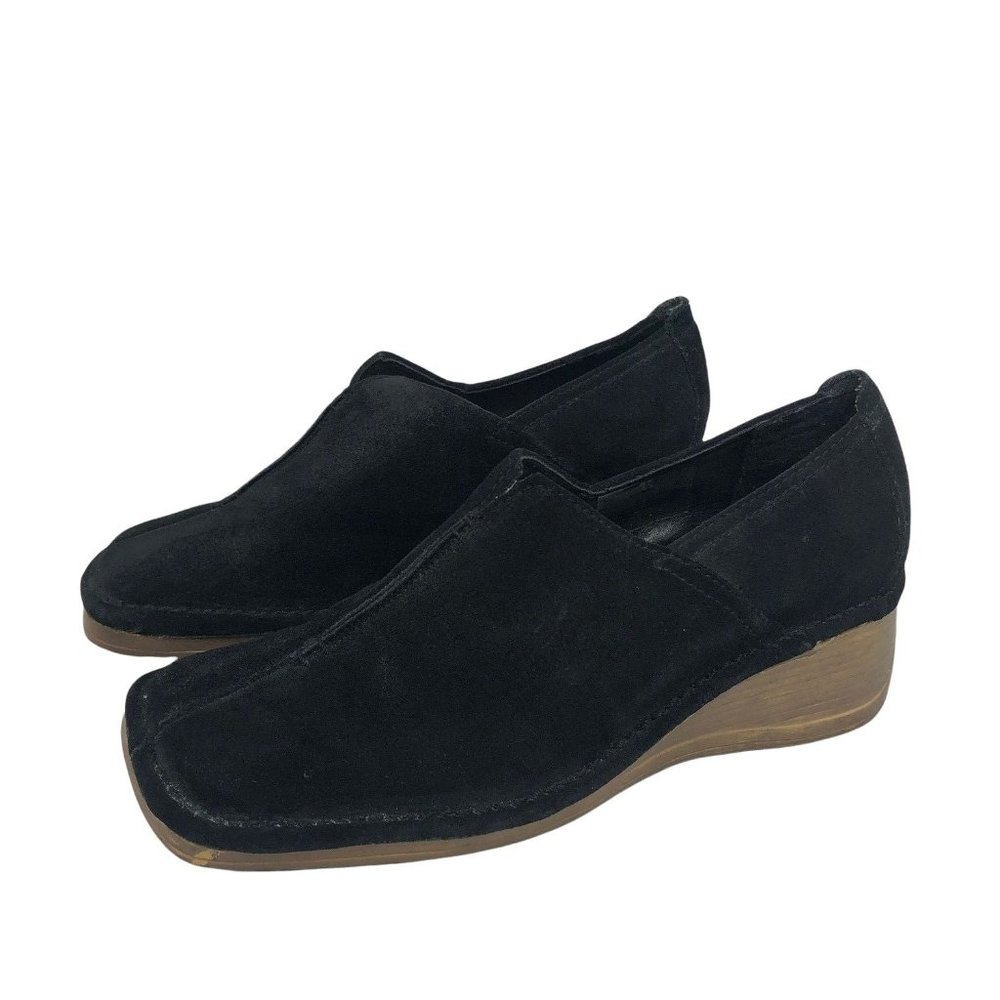 Womens Size 7 Black Suede Square Toe Wedge Newport News Shoe NWOB